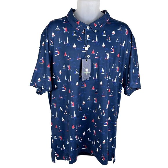 William Murray NWT Mens XXL Navy Sailboat Print Polo Golf Shirt Athleisure - Picture 1 of 16